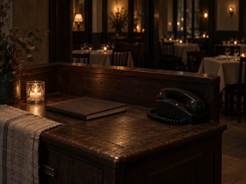 A host stand late at night, a candle burning low beside the restaurant's phone, the dining room dark behind it