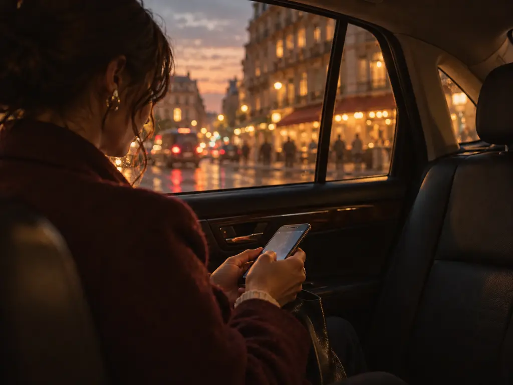 A guest in the back of a cab at dusk, texting on her phone, city lights on the wet street outside