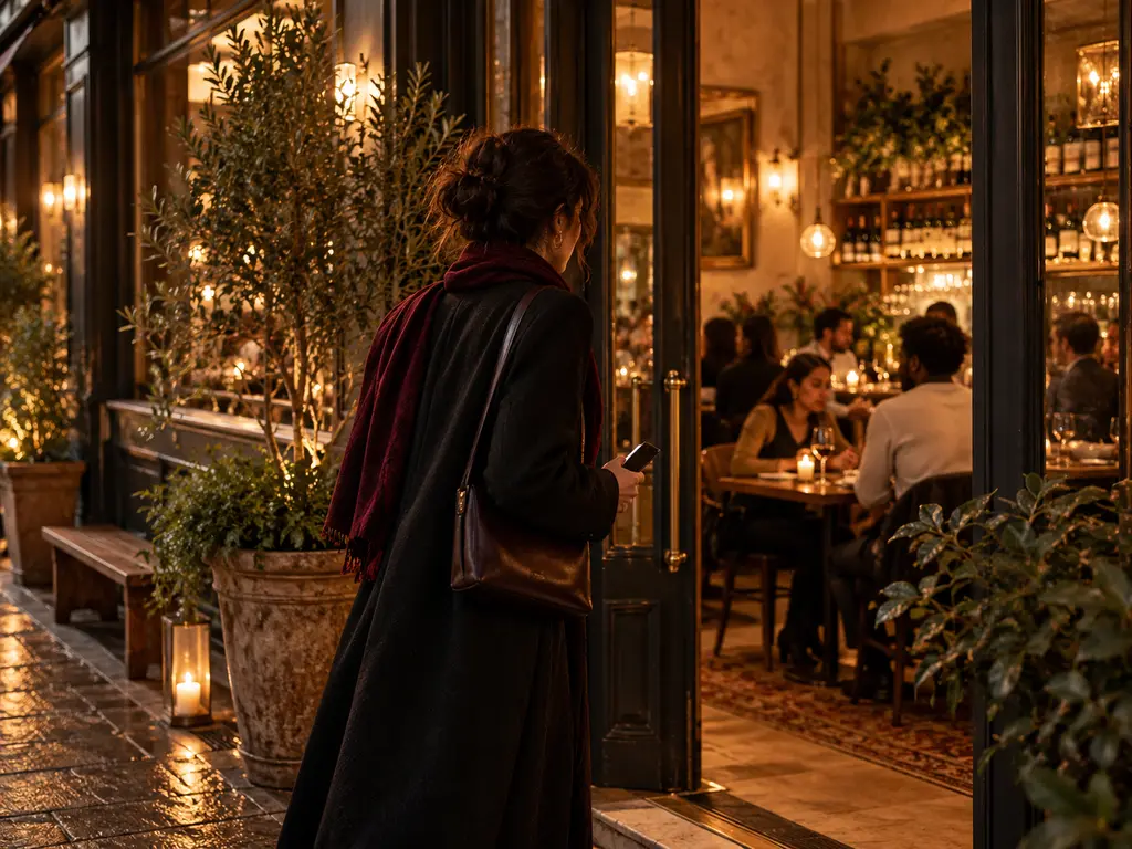 A woman checking her phone at the glowing entrance of a wine bar at night