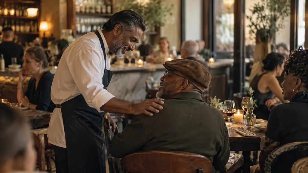 A server greeting a regular at his table with a hand on his shoulder, both smiling, in a busy dining room