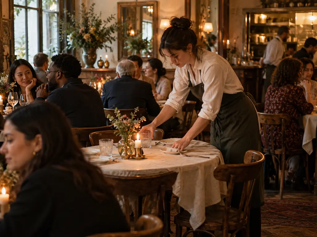 A server quickly resetting the one empty table in a full, candlelit dining room