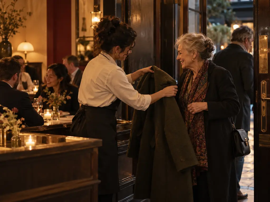 A host helping an older guest into her coat at the door, both smiling as she leaves
