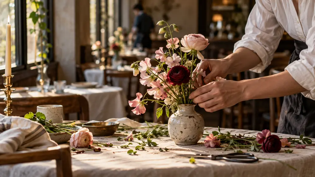 A server arranging pink and deep-red flowers in a stoneware vase on a linen-covered table, candles and set tables behind